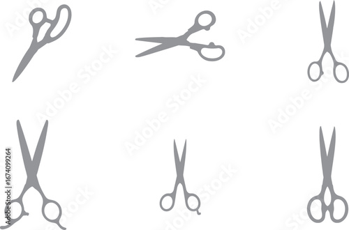 Six Grey Scissors on White Background cutting tool