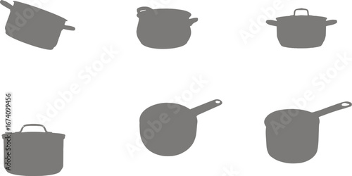 Collection of kitchen pot and scoop silhouettes saucepan