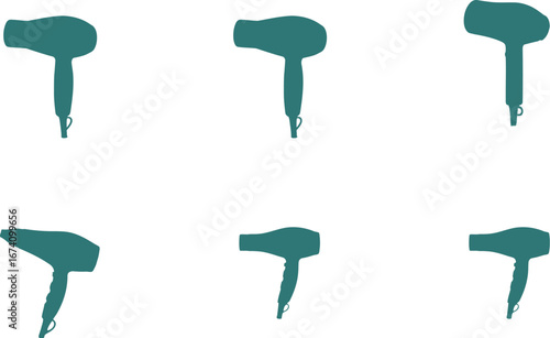 Six Teal Hair Dryers Silhouettes on White Background