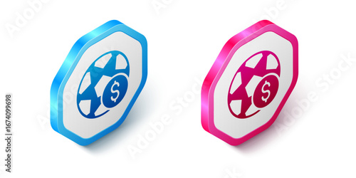Isometric Soccer football betting money icon isolated on white background. Football bet bookmaker. Soccer betting online make money. Hexagon button. Vector