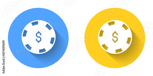 White Casino chip with dollar symbol icon isolated with long shadow background. Casino gambling. Circle button. Vector
