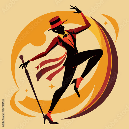 Stylish dancer in a suit and hat with a cane performing a dynamic pose
