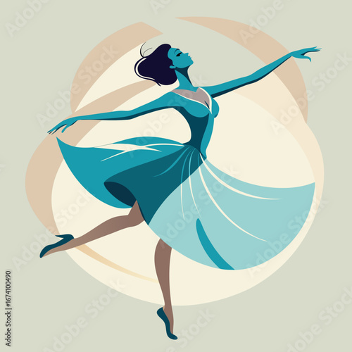 Elegant ballerina in a flowing blue dress gracefully dancing