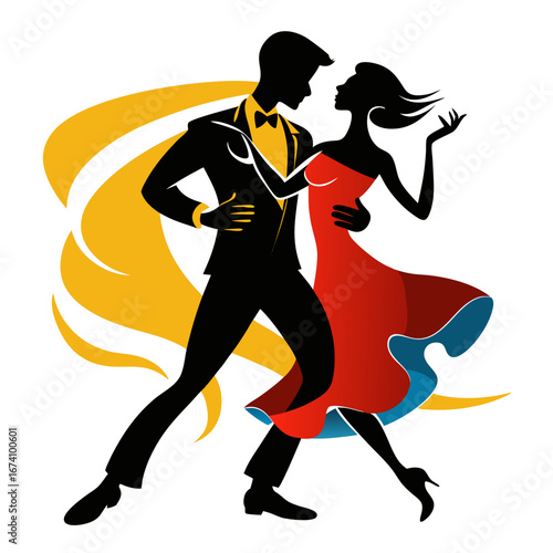 Elegant couple dancing tango in red dress and suit