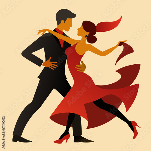 Elegant couple dancing tango in red dress and suit