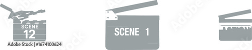 Three grey movie clapperboards on white background