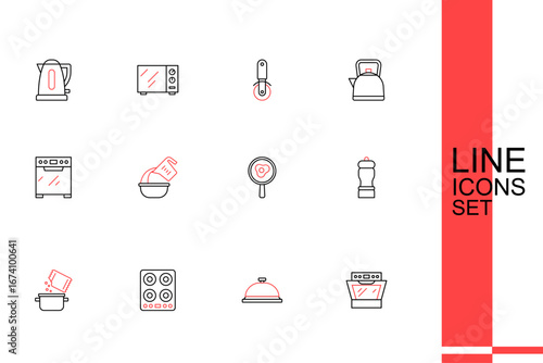 Set line Oven, Covered with tray of food, Gas stove, Cooking pot and spice, Pepper, Fried eggs on frying pan, Measuring cup bowl and icon. Vector