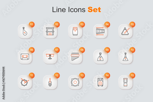 Set line African djembe drum, Stereo speaker, Violin, Drum with sticks, Balalaika, and Pan flute icon. Vector