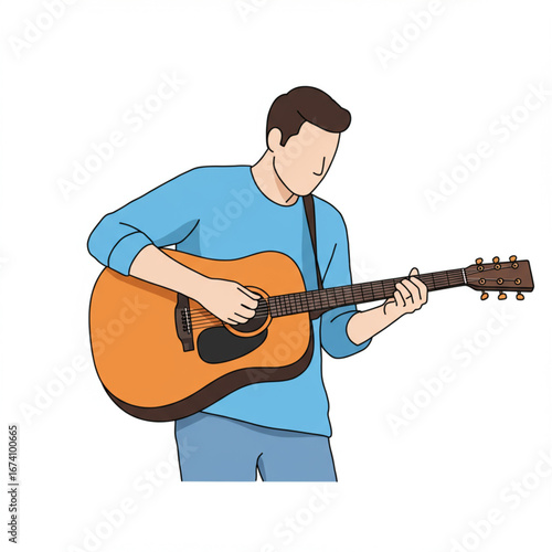 Illustration of a faceless male musician wearing casual clothes and playing an acoustic guitar, isolated on a white background