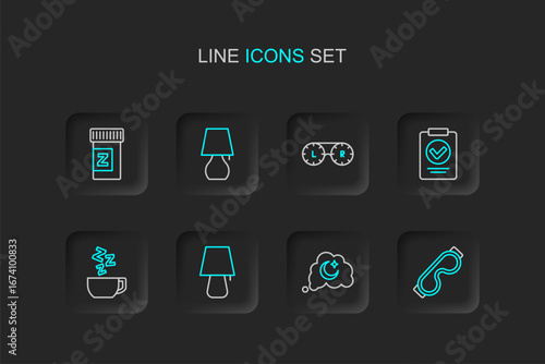Set line Eye sleep mask, Dreams, Table lamp, Chamomile tea, Medical prescription, Contact lens container, and Sleeping pill icon. Vector