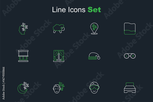 Set line Big bed, Eye sleep mask, Dreams, Moon and stars, Contact lens container, Sleeping hat, Window with curtains and icon. Vector