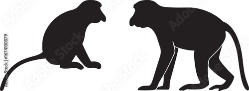 Two black monkey silhouettes facing each other isolated on white background