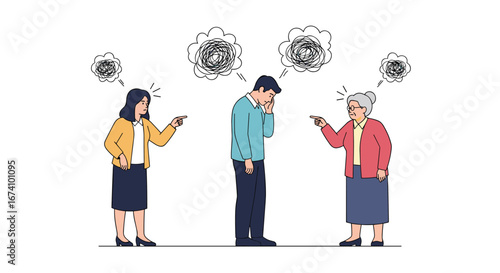 Three people arguing with each other creating stress and conflict during a difficult conversation