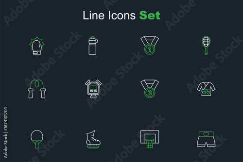 Set line Boxing short, Basketball backboard, Skates, Racket, Kimono, Medal, Stopwatch and Jump rope icon. Vector