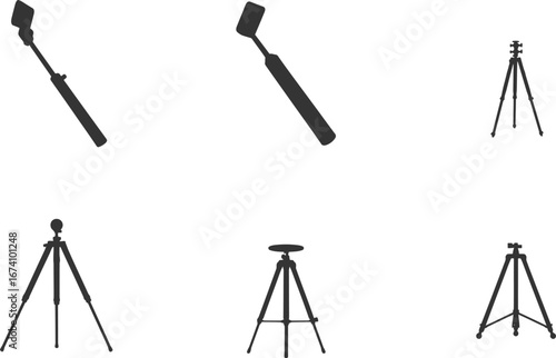 Collection of black silhouette tripod and selfie stick icons