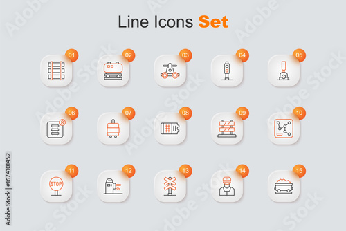 Set line Coal train wagon, Train conductor, Railroad crossing, Turnstile, Stop sign, Railway map, End of railway tracks and ticket icon. Vector