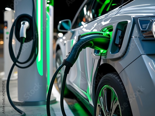 Modern electric car plugged in and charging with glowing green energy at a futuristic station