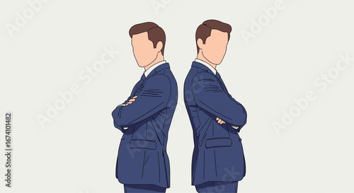 Two businessmen standing back to back arms crossed on a light background with simplified illustration style symbolizing disagreement or opposition