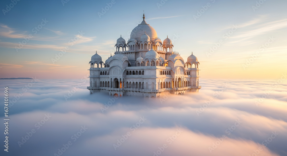 Obraz premium Majestic Palace Floating Above the Clouds at Sunrise