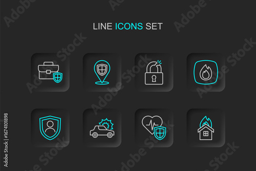 Set line Fire in burning house, Life insurance with shield, Car, flame, Broken or cracked lock, Location and Briefcase icon. Vector