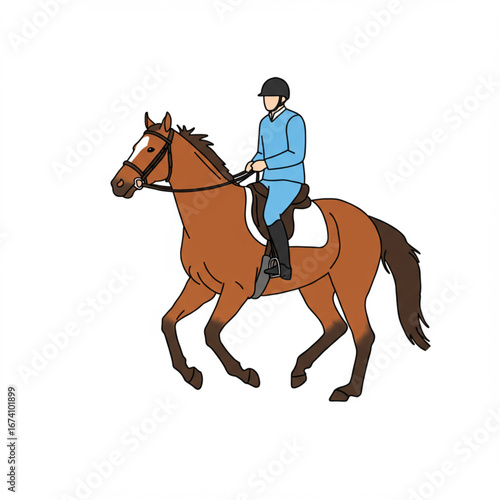 Elegant equestrian discipline with a rider and a trained brown horse in a graceful trot, a clean vector illustration