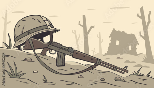 A lone soldier's worn and weathered helmet placed on top of a rifle stuck in the ground, the rifle's bayonet dug deep into the earth, amidst a desolate and devastated battlefield with ruins of destroy