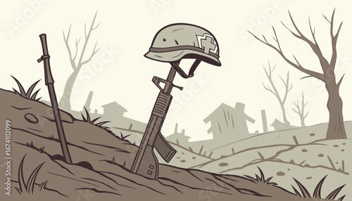 A lone soldier's worn and weathered helmet placed on top of a rifle stuck in the ground, the rifle's bayonet dug deep into the earth, amidst a desolate and devastated battlefield with ruins of destroy