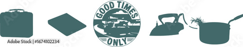 Collection of teal colored vintage objects and a circular logo