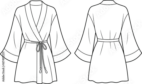 Elegant women’s kimono robe fashion vector illustration, front and back technical garment sketch with belt tassels, mid‑thigh length, minimalist style
