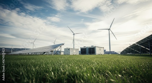 Modern hybrid power plant featuring wind turbines and solar panels with battery energy storage on a lush green landscape