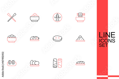 Set line Fish steak, Guotie, Chicken egg, Sushi, Rice in bowl, Homemade pie, with sliced pieces and Chow mein on plate icon. Vector