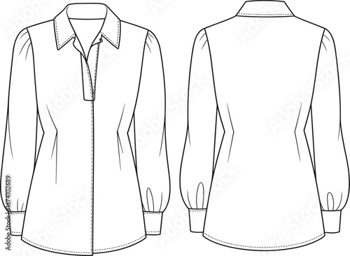 Elegant women’s blouse technical flat sketch with front and back views, collared neckline, long sleeves, gathered cuffs, darts, and flared hemline