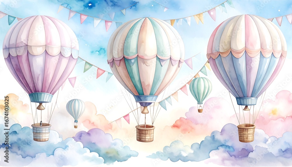 Obraz premium Three pastel-colored hot air balloons float serenely amidst soft clouds and festive flags against a vibrant sky.