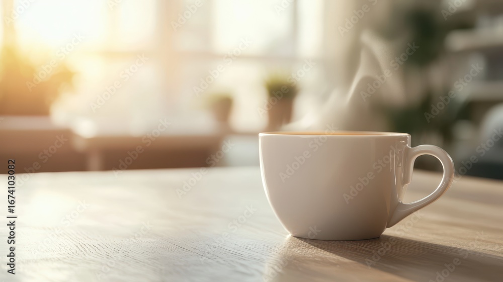 Obraz premium A steaming white cup sits on a wooden table, illuminated by warm sunlight streaming through a window, creating a cozy and inviting atmosphere.