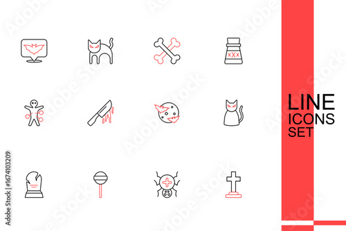 Set line Tombstone with cross, Spider, Lollipop, RIP written, Black cat, Moon and stars, Bloody knife and Voodoo doll icon. Vector