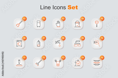 Set line Washing dishes, Home cleaning service, Towel on hanger, Mop, Rubber cleaner for windows, Toilet paper roll, Brush and Water tap icon. Vector