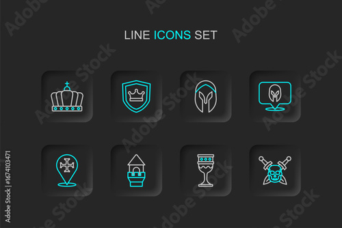 Set line Skull with sword, Medieval goblet, Castle tower, Crusade, helmet, Shield crown and King icon. Vector