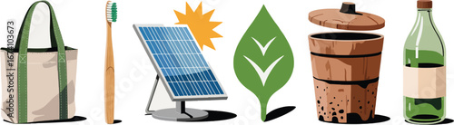 Eco-friendly products and renewable energy icons reusable bag