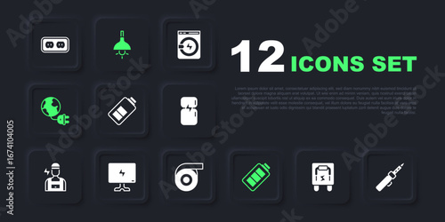 Set Electrical panel, Soldering iron, Battery charge, Global energy planet with plug, Smart Tv, Lamp hanging and Roll adhesive tape icon. Vector