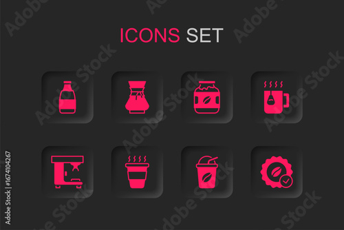 Set Coffee cup to go, Pour over coffee maker, Milk bottle, Iced, Cup tea with bag, Medal for, jar and machine icon. Vector