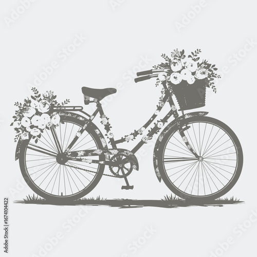 Grey bicycle with detailed rose arrangements on a light background