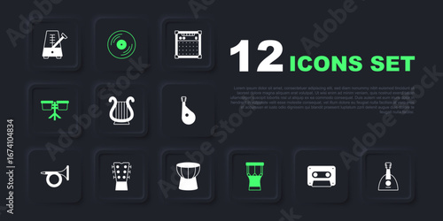 Set Retro audio cassette tape, Balalaika, Ancient Greek lyre, African percussion drum, Bongo, Guitar neck, Vinyl disk and darbuka icon. Vector