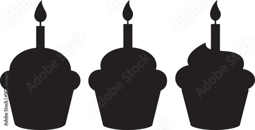 Three black silhouette cupcakes with lit candles isolated on white background silhouette