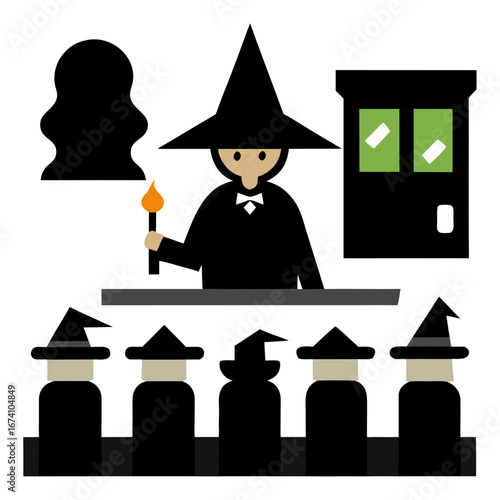 Wizards and a mysterious door with a torch and figures