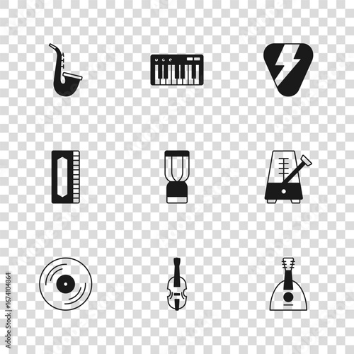 Set Violin, Metronome with pendulum, Balalaika, African djembe drum, Guitar pick, Saxophone, Music synthesizer and Harmonica icon. Vector