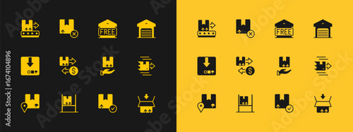 Set Warehouse, interior with boxes, Delivery hand, Carton cardboard, Tax, Free storage, Conveyor belt and icon. Vector