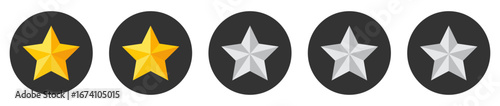 Two-star rating vector icon set with golden and silver stars on black circle. Perfect for reviews, feedback, customer ratings, ranking system, app interfaces and web. Vector illustration.