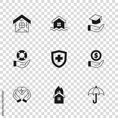Set Fire in burning house, Money with shield, Umbrella, Life insurance, Education grant, House, flood and Lifebuoy hand icon. Vector