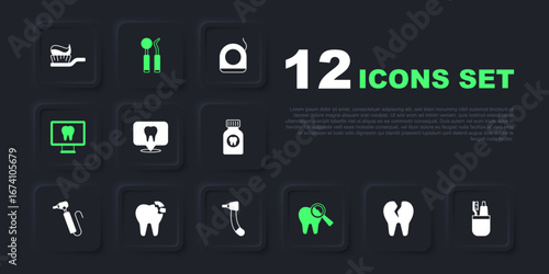 Set Broken tooth, Toothbrush and toothpaste, Dental clinic location, Online dental care, mirror probe and drill icon. Vector