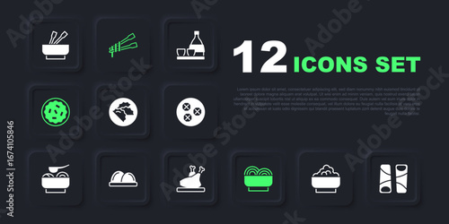 Set Rice in a bowl, Guotie, Dumpling, Asian noodles, Homemade pie, Sushi, Food chopsticks with and Roasted turkey or chicken icon. Vector